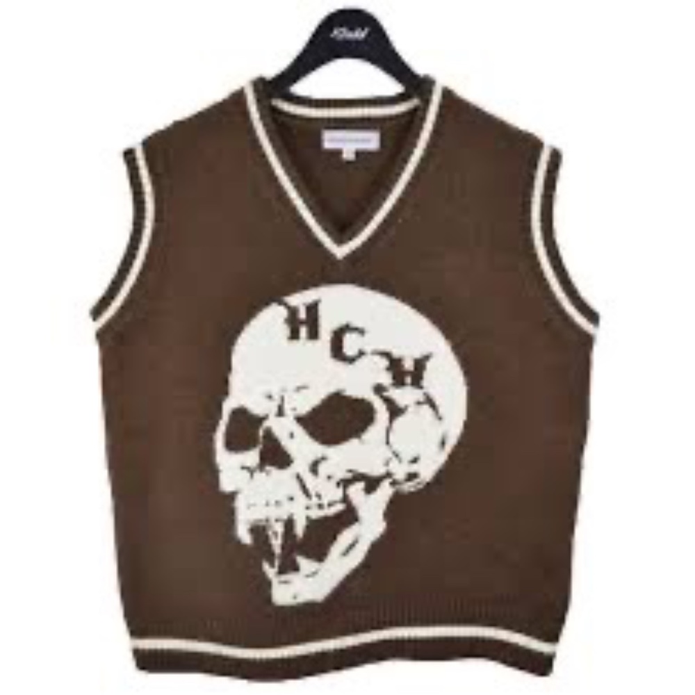 Heaven Can Wait Brown/Ivory Skull Logo Slipover Sweater Vest Sz L‎
